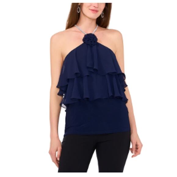 NWT MSK Blue Ruffle Top Size Large Rhinestone Trim Rosette Flounce Tank NWT - Picture 1 of 9
